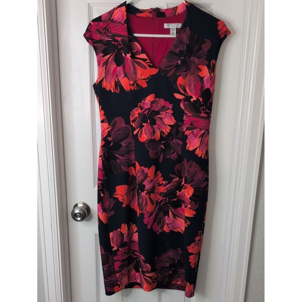 London Style Navy Midi Dress with Pink & Orange Floral Print Size 8